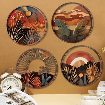 4 piezas Marcos redondos bohemios de arte de pared de madera, señal de pared de madera bohemia con plantas, decoración colgante de arte, placa de decoración, decoración colgante geométrica de granja, arte minimalista de madera para apartamento (autoadhesivo para dormitorio)