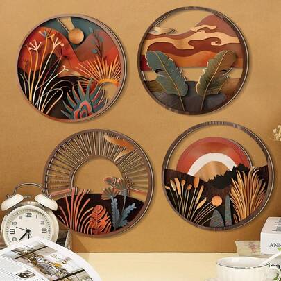 4 件波西米亚风格圆形画框墙面艺术木质波西米亚木质植物墙标牌装饰悬挂艺术牌匾标志装饰，农舍几何悬挂装饰美学木质极简主义艺术适用于公寓（卧室自粘式）