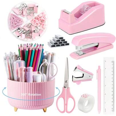 Office Accessories, Pink Office Supplies With Pen Pot, Tape Dispenser Stapler And Stapler Set For Office, School, Practical Stationary Set With Scissor, Ruler, Color Tabs, Ideal Present For Kids(Pink)
