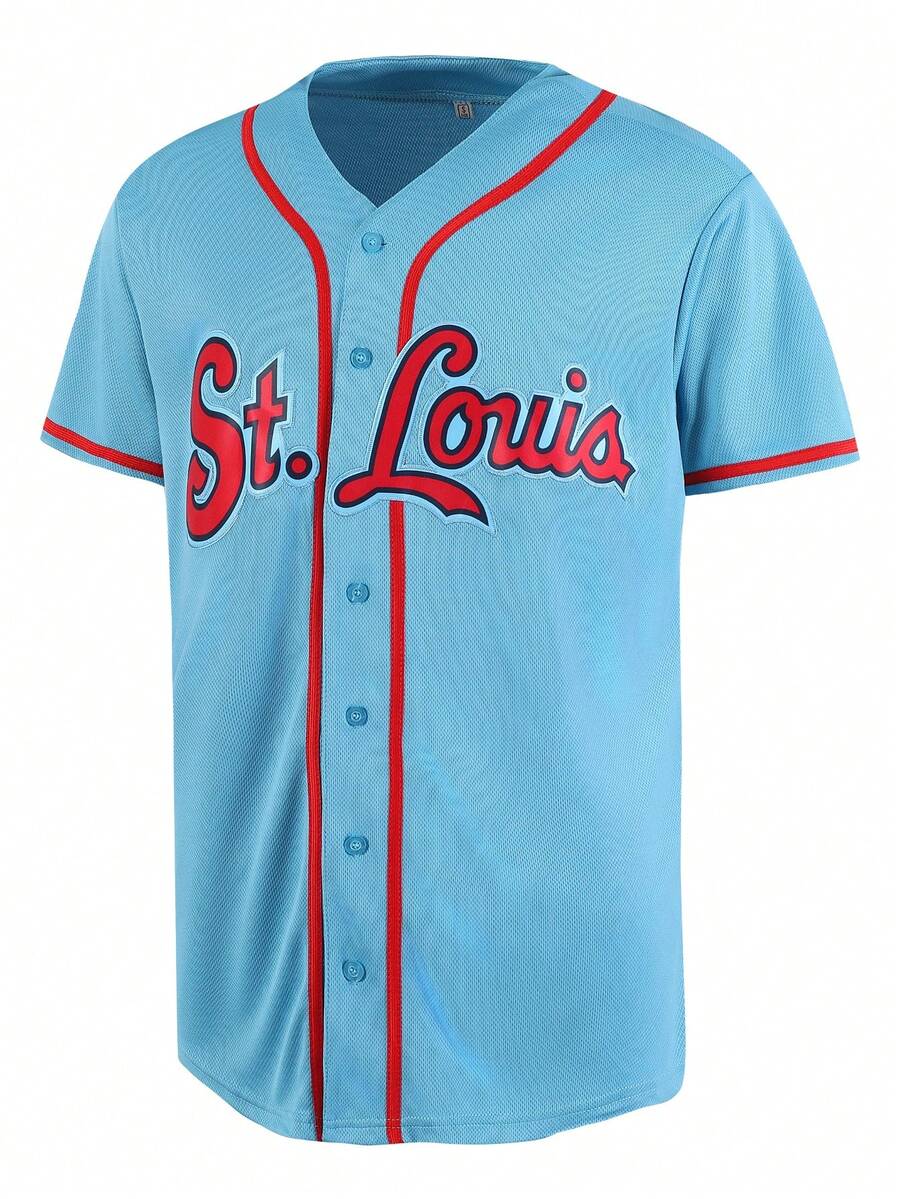 Atonmore Camiseta deportiva casual de béisbol azul con 4 botones, bordado, para entrenamiento y partidos deportivos para hombres - Azul - Ver 1