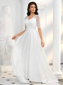 女士新娘婚纱，蕾丝短袖V领缎面及地优雅长裙，正式晚宴礼服，情人节白色春季款 - 白色 - 查看 7