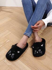1 Pair Cartoon Cat Embroidery Slippers, Lightweight Quiet Indoor Slip-On House Slippers, Suitable For Couple - Black - View 3