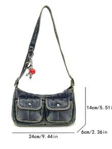 时尚复古女士单肩包，百搭优质腋下包，小众风格牛仔手提包带吊坠