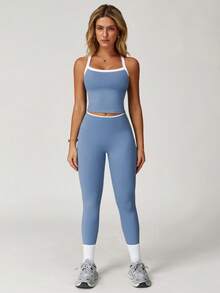 MASKERT 女士运动套装（背心和紧身裤），健身瑜伽服，紧身弹力运动服，舒适亲肤，适合运动和休闲穿着。 - 霧霾藍 - 查看 4