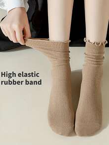 10 双女士褶边中筒袜，薄款夏季袜子，黑白，秋季长袜，乐福鞋，时尚。 - 黑色 - 查看 5