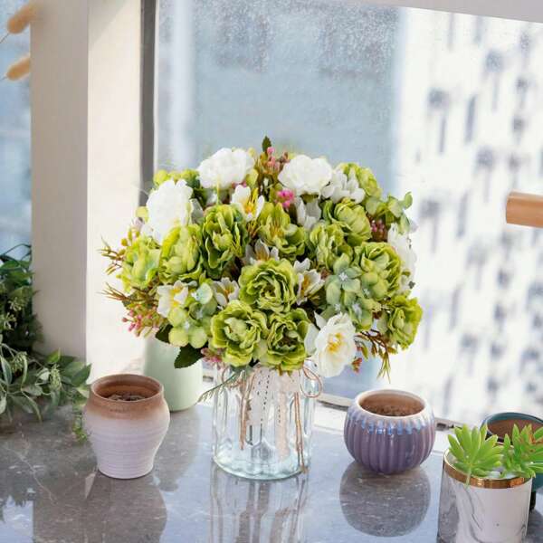 1/3PCS Artificial Flowers Silk Hydrangea Bouquets Fake Tea Roses For Spring Autumn Wedding Vase For Home Dining Room Bedroom Decorations, Festival Birthday Party Accessories, Outdoor Garden Decorations