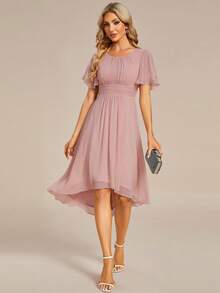 Vestido de dama de honor elegante con mangas con volantes y plisado de gasa rosa para mujer en otoño, vestido formal para invitados de boda