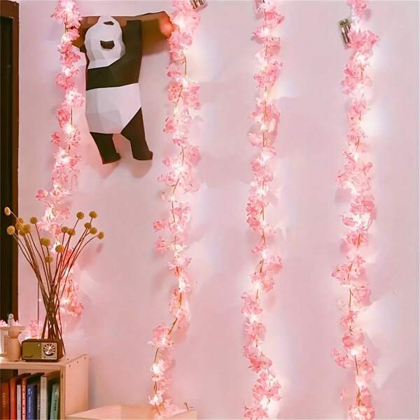 1pc LED Powered Artificial Sakura Flower String Lights, 2m 20 Lights, Battery Operated (Batteries Not Included) Warm White Fairy Lights, Suitable For Birthday Party, Wedding, Halloween, New Year, Christmas, Home Bedroom Decor, Indoor Floral Decor