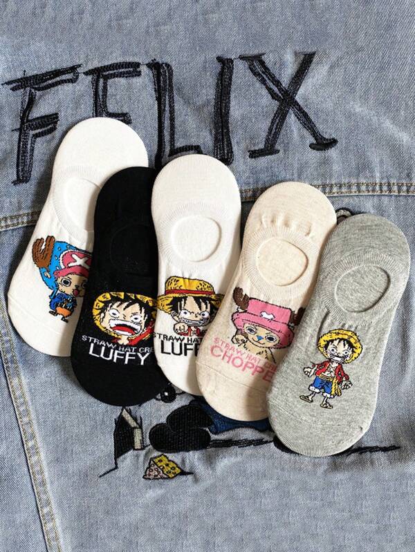 bandai 5 pares de calcetines invisibles de tobillo cómodos y antideslizantes para hombres, con estampado de dibujos animados y chopper, estilo anime, adecuados para uso diario