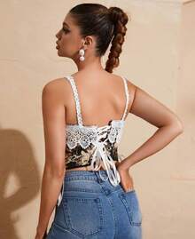 Womens Vintage 1920s Renaissance Lace Trim Corset Bustier, Retro Fashion - 黑色蕾絲 - 查看 3