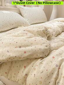 1pc Floral & Cream Geometric Lines Duvet Cover, 100% Polyester Soft Fabric, Boho Style Sweet Flower Bedding, No Pillowcase, Machine Washable, Suitable For All Seasons