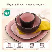 [Elegant Stoneware Dinnerware] 16pcs Elegant Square Black And Rose Stoneware Dinnerware Set For 4, Lead-Free & Scratch Resistant, Dishwasher & Microwave Safe, Includes Plates Bowls & Mug, Ideal For Holiday Entertaining, Daily Dining Use - Black and Rose - View 5