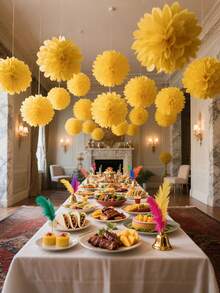 9pcs Yellow Paper Flower Balls, Creative Paper Flower Balls ,Paper Ball Hanging Paper Flower Balls,Tissue Flowers Ball Hanging Decoration, Paper Bubble Ball Hanging Paper Flower Ball Decorations, Wedding Party Celebration Event Decorations - Yellow - View 5