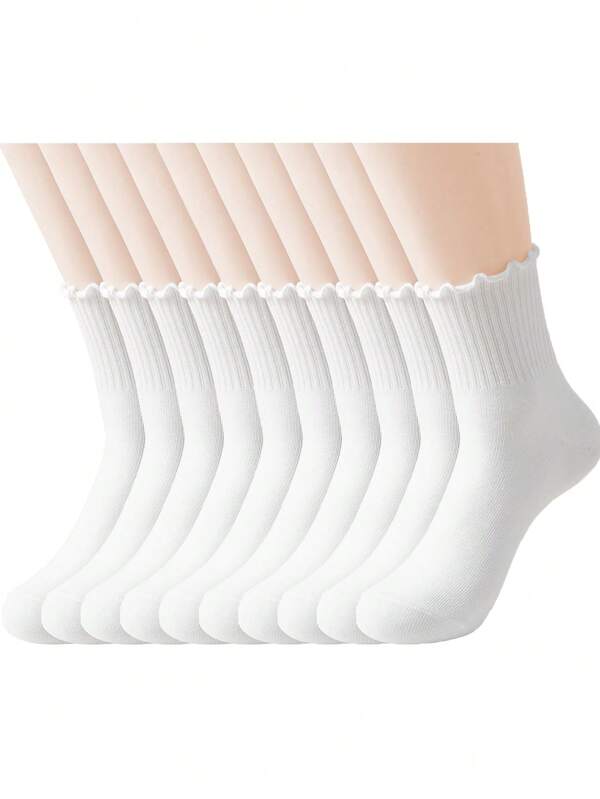 10 pares de calcetines casuales y versátiles de media pantorrilla con borde de volantes blancos para mujeres