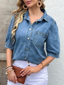 女士中蓝色泡泡袖牛仔衬衫 - 灯笼袖时尚休闲牛仔衬衫 - 中等水洗藍 - 查看 2