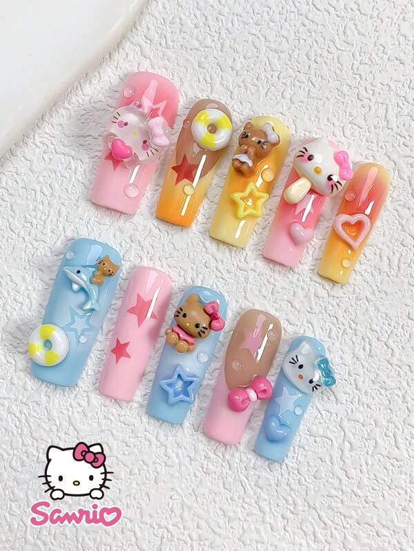 Sanrio علبة 10 قطع من أظافر التابوت الطويلة اليدوية من سانريو، زينة أظافر ثلاثية الأبعاد لكيتي السلام - الفريدة بشريطها الأزرق الجميل الملائم للصيف و الزهري الحلو القابل للإزالة، طقم أظافر فني بدرجات لون متدرجة ،أشرطة أظافر فرنسية قابلة للوصل، تحتوي على غراء جيلي وملف أظافر، لوازم أظافر كرتونية كاواييية لهلو كيتي للنساء والفتيات لاستخدامات اليومية والحفلات - مواد زينة ذات تغطية كاملة وبراقة