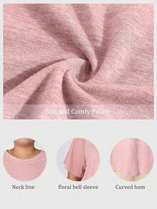 Women's Plus Size Floral Bell Sleeves Crewneck Tunic Loose Casual Summer Tops,-Shirts LETY - Pink - View 2