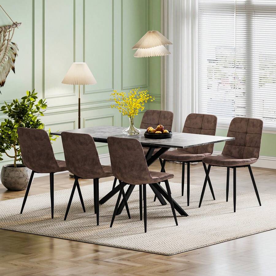 Extendable Dining Table And Chairs Set 6, 120-160cm Concrete Effect Table With 6 Brown Upholstered PU Leather Chairs For Dining Room, Kitchen - 混凝土效果餐桌+6張PU款棕色椅子 - 查看 1