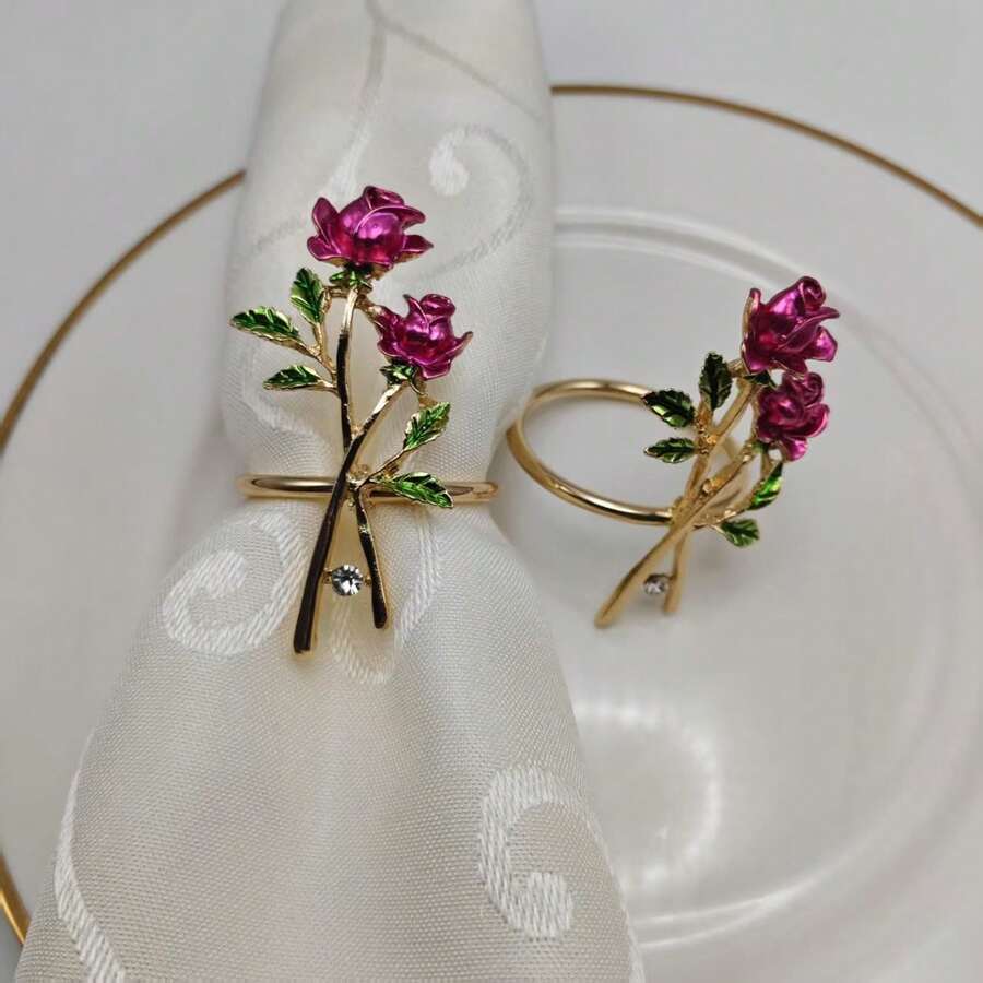 Valentine's Day Faux Drip Oil Rose Napkin Rings, Metal Napkin Holders For Hotel Table Setting