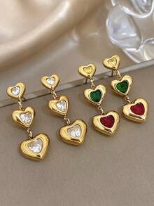 1 对女士心形吊坠耳环时尚彩色吊坠耳环不锈钢耳环派对日常珠宝生日礼物 - 彩色 - 查看 6