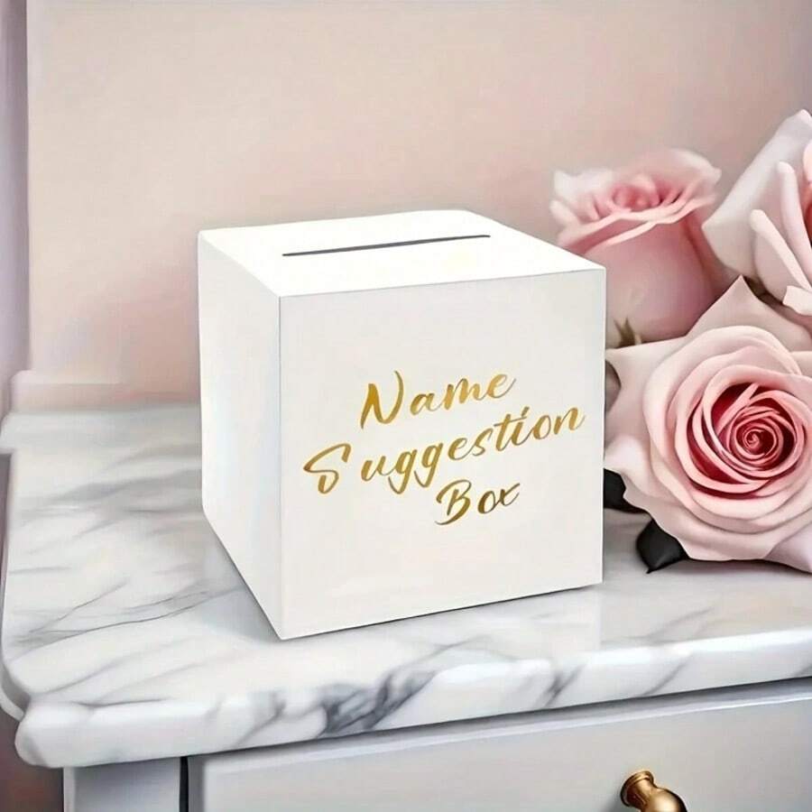 Gold Foil Paper Name Suggestion Box Set, Includes 1 Display Card & 30 Voting Cards, Elegant White Message Box For Weddings & Parties