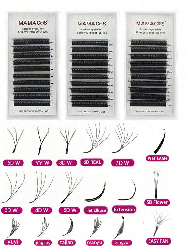 MAMACOS 10 file di ciglie finte 3D/4D/5D/6D/7D/8D/6D reali/ellittiche piatte/extension/ciglie bagnate/fiori 5D/ventaglio a forma di W facile, ricci C/D, ciglie finte naturali e morbide, accessori per il trucco, ciuffetti di ciglie, ciglie singole, ciglie finte