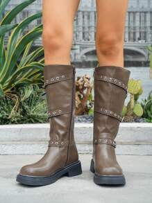 planare 女式深棕色高膝皮靴，带多扣和铆钉细节、侧拉链和粗跟，非常适合朋克风格 - 棕色 - 查看 8