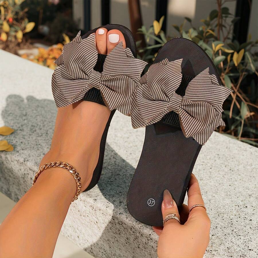 女士波尔卡圆点蝴蝶结平底拖鞋 - 轻松穿脱，超舒适软底，安全防滑的海滩厚底凉鞋