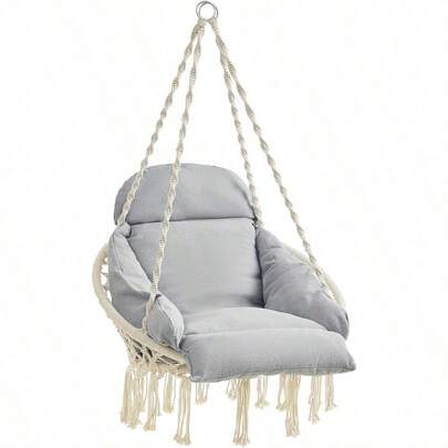 SONGMICS Hamaca Silla Silla Colgante Hamaca Colgante con Cojín Grande y Grueso Boho para Dormitorio Patio Balcón Jardín Sala de Estar Soporta hasta 120 kg a lanco Nube y Gris MGDC042G01