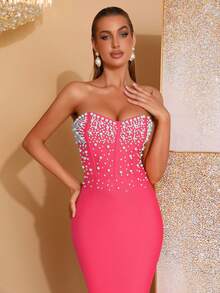 New Sexy Pink Strapless Pearl Beaded Decor Wedding Gown, Party Evening Dress - Hot Pink - View 6