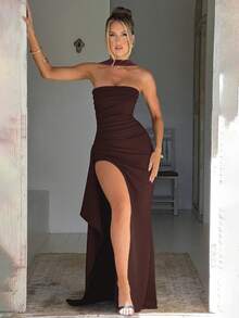 Elisanya 露背露肩紧身开衩连衣裙（配腰带） - 棕色 - 查看 8