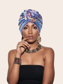 1 件女士印花头巾，轻奢非洲风格头巾帽，重要场合佩戴头巾 - 彩色 - 查看 2