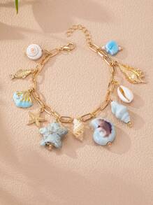 1 pieza Pulsera de estilo playero hecha a mano con múltiples encantos de estrellas de mar, peces, conchas y perlas falsas, accesorio de regalo para vacaciones de verano para mujeres