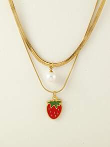 1 件不锈钢双层蛇骨项链，带树脂仿珍珠和水果吊饰（草莓、西瓜、樱桃），非常适合夏季郊游、海滩、情人节礼物和日常佩戴，适合所有场合