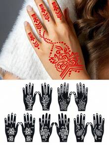 10 件装指甲花纹身模板可重复使用绘画模板适用于手部身体艺术花朵临时纹身模板袖套婚礼新娘美容 - 黑色 - 查看 1