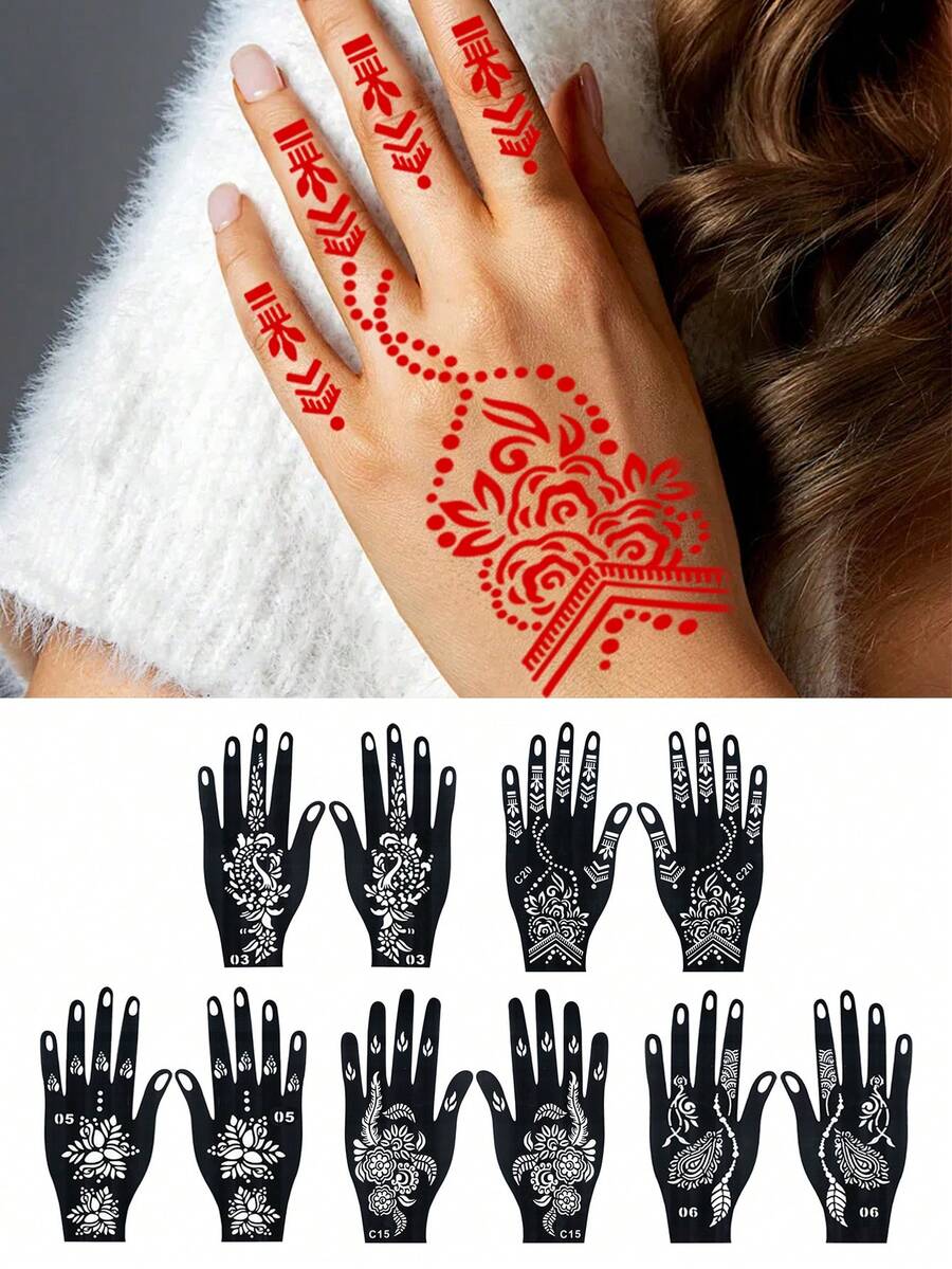 10 件装指甲花纹身模板可重复使用绘画模板适用于手部身体艺术花朵临时纹身模板袖套婚礼新娘美容 - 黑色 - 查看 1