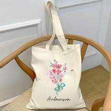 1 Piece Single-Sided Tote Bag Shoulder Bag Large Capacity Fashion Simple Casual Versatile Shopping Shopping Light Portable Class Student Bouquet Customizable Name Copywriting Personalized Unique
