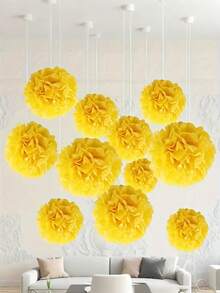 9pcs Yellow Paper Flower Balls, Creative Paper Flower Balls ,Paper Ball Hanging Paper Flower Balls,Tissue Flowers Ball Hanging Decoration, Paper Bubble Ball Hanging Paper Flower Ball Decorations, Wedding Party Celebration Event Decorations - Yellow - View 1