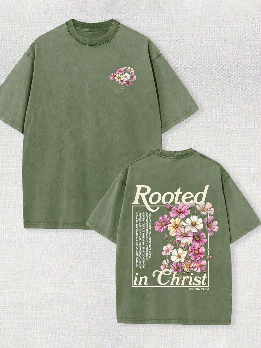 230G Double-Sided Washed, May You Always Have A Grateful Heart Printed T-Shirt, High-Quality Wax Printed Cotton Retro Fashion Brand T-Shirt, With A Certain Thickness Suitable For Summer T-Shirts, Holiday Gifts, Perfect Gifts - 軍綠色 - 查看 1