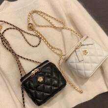 Rhombus Leather Chain Bucket Bag Mini Tote & Crossbody Makeup Bag - Black - View 1