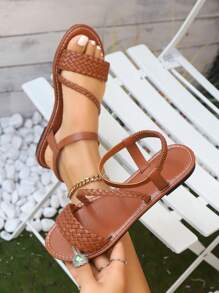 Plus Size Women's Flat Open Toe Sandals, Casual Woven Strap Lightweight Beach Sandals, Summer