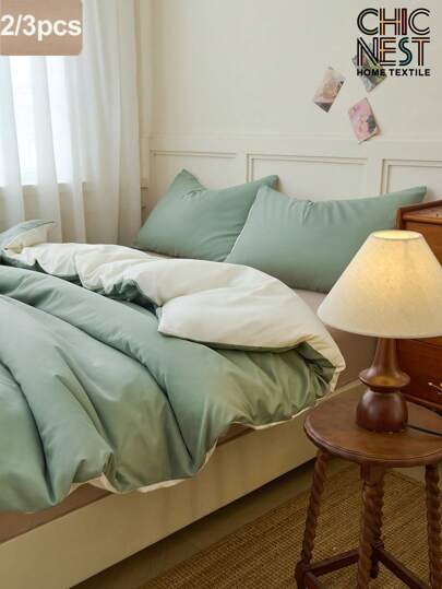 2/3-teiliges Bettwäsche-Set in hellgrün-weiß Farbton, Bettbezug-Set, einfarbiger, hautfreundlicher Tagesdecken-Bezug, reversibler Quiltbezug in schlichtem Stil, komfortabel und weich atmungsaktiv, für Einzelbett/Zwillings-/Voll-/King-/Queensize, ideal für Schlafzimmer, Gästezimmer, Studentenwohnheim, 1 Stück Bettbezug mit 1 Stück/2 Kissenbezügen (ohne Füllung), maschinenwaschbar Heimtextilien