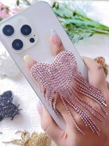 1pc New Creative Tassel Heart Nail Adhesive Universal Phone Holder, Crystal Telescopic Air Cushion Phone Stand, U Shape Finger Ring Grip, Elegant High-End Rhinestone Tassel Stand For Women Compatible With IPhone, Android Phone, Gift For Birthday, Family, Friends Phone Accessories