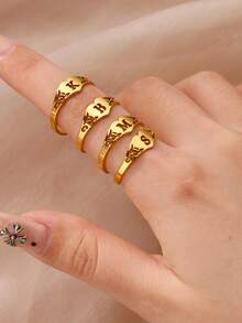 1枚不锈钢心形字母戒指，女士镀金镂空花朵A-Z字母戒指，订婚结婚珠宝礼物 - 金黃色 - 查看 11