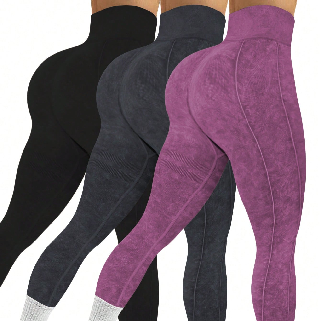 Paquete de 3 pantalones de yoga sin costuras para mujer para exteriores, de cintura alta con alta elasticidad, transpirables, que absorben la humedad,