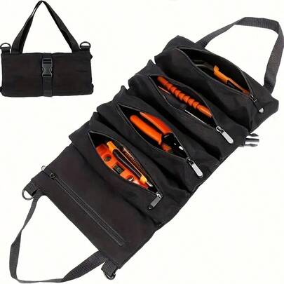 Multi-Purpose Roll-Up Tool Organizer Bag- Compact, Durable Fabric Storage Bag With 5 Zippered Pockets For Pliers, Vise Grips, Screwdrivers, Wrenches & Sockets - Perfect For Work And Outdoor Adventures