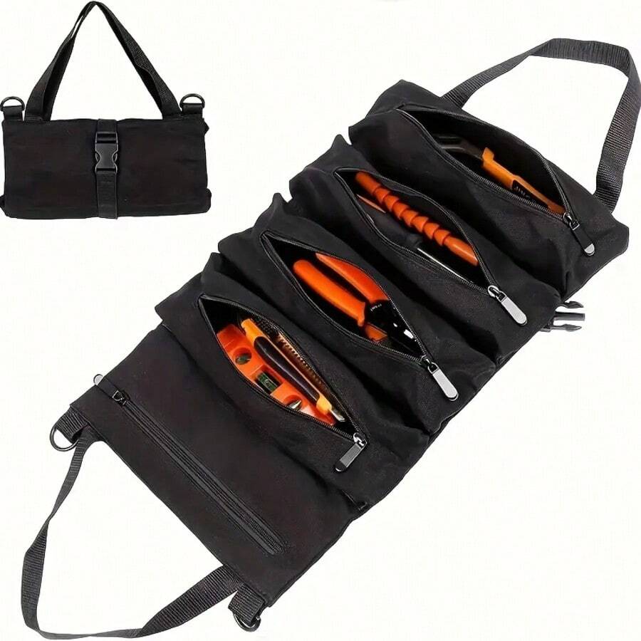 Multi-Purpose Roll-Up Tool Organizer Bag- Compact, Durable Fabric Storage Bag With 5 Zippered Pockets For Pliers, Vise Grips, Screwdrivers, Wrenches & Sockets - Perfect For Work And Outdoor Adventures - màu đen - Xem 1