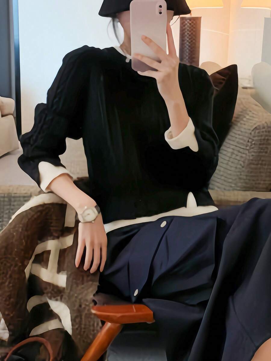 女士秋冬休闲通勤圆领套头毛衣,带麻花图案 - 黑色 - 查看 1