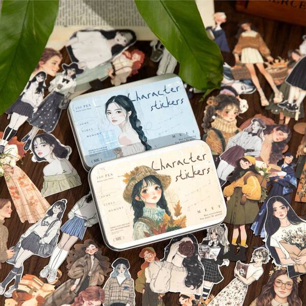 A Box Of 100 Retro Girl Character Collection Stickers Is Used To Make Card DIY Handbook Collage Decoration Photo Album Scrapbook Stickers School Supplies,Back To School