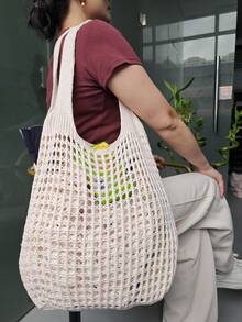 Fashionable Hollow Out Knitted Women's Bag, Casual Crochet Tote Bag, Mother's Day Gift For Mom, Suitable For Graduation, College Students, Outdoor, Travel And Back To School, Large Capacity, Foldable